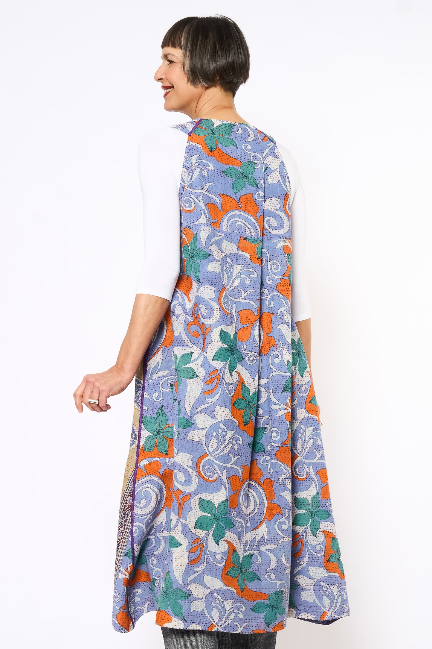 VINTAGE COTTON KANTHA BACK PLEATED VEST MAXI - cv2222-0008a -