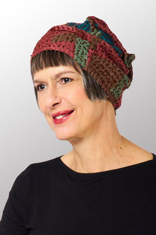 ABSTRACT WAFFLE KANTHA PATCHWORK HAT - bw3880-red -