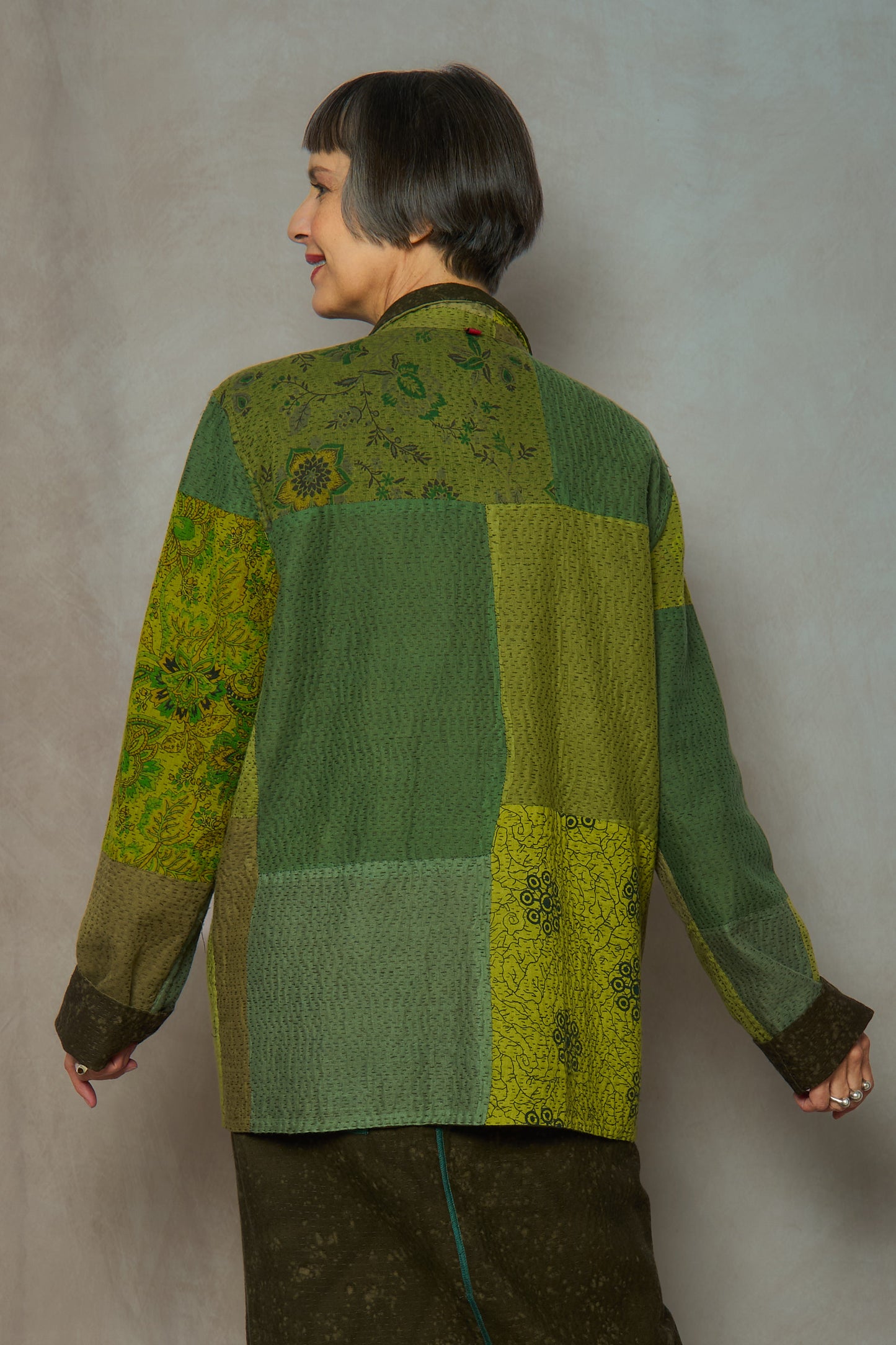 DUCK SUN DYE WITH PATCH KANTHA SIMPLE MEN'S JACKET - us2072-grn -