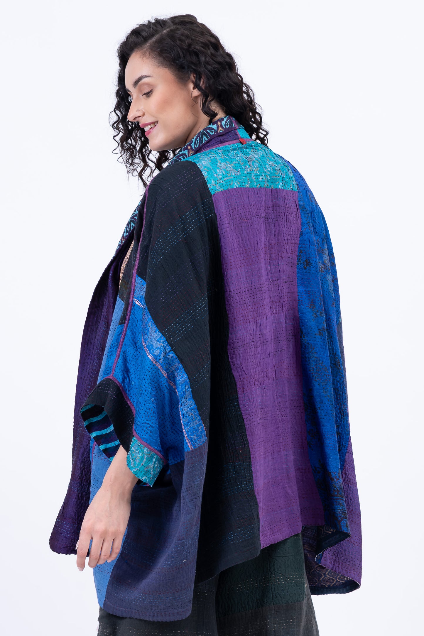 DESERT WAVES KANTHA DOUBLE COLLAR PONCHO - dw2323-blu -