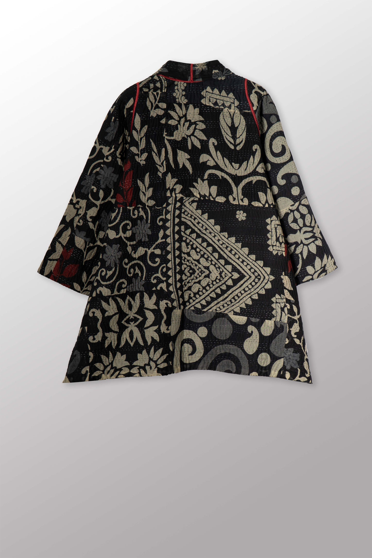 BLACK AND WHITE PRINT PATCH KANTHA A-LINE JACKET - pn4003-red -