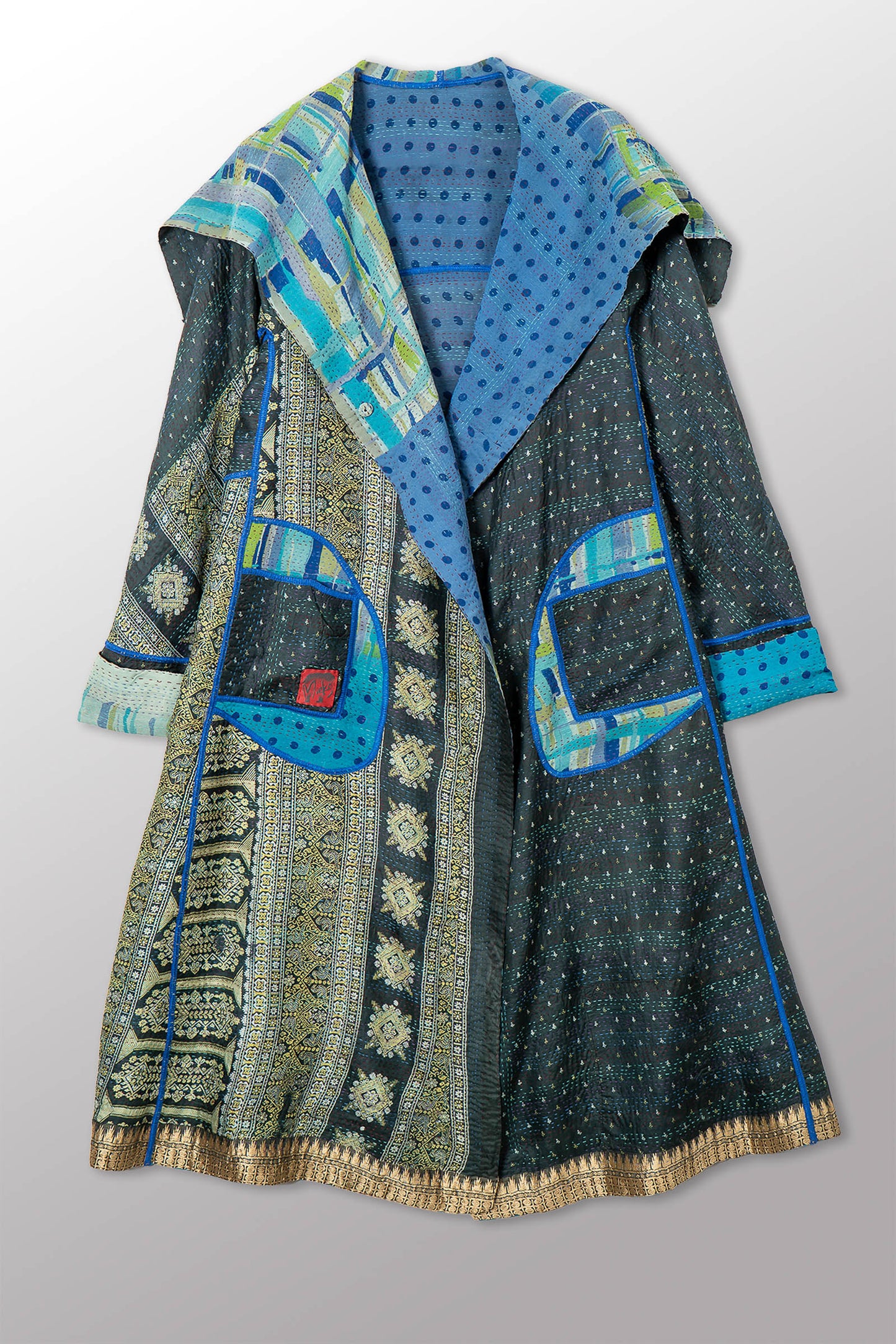 VINTAGE SILK GEORGETTE KANTHA A-LINE LONG COAT - sg2302-0002a -