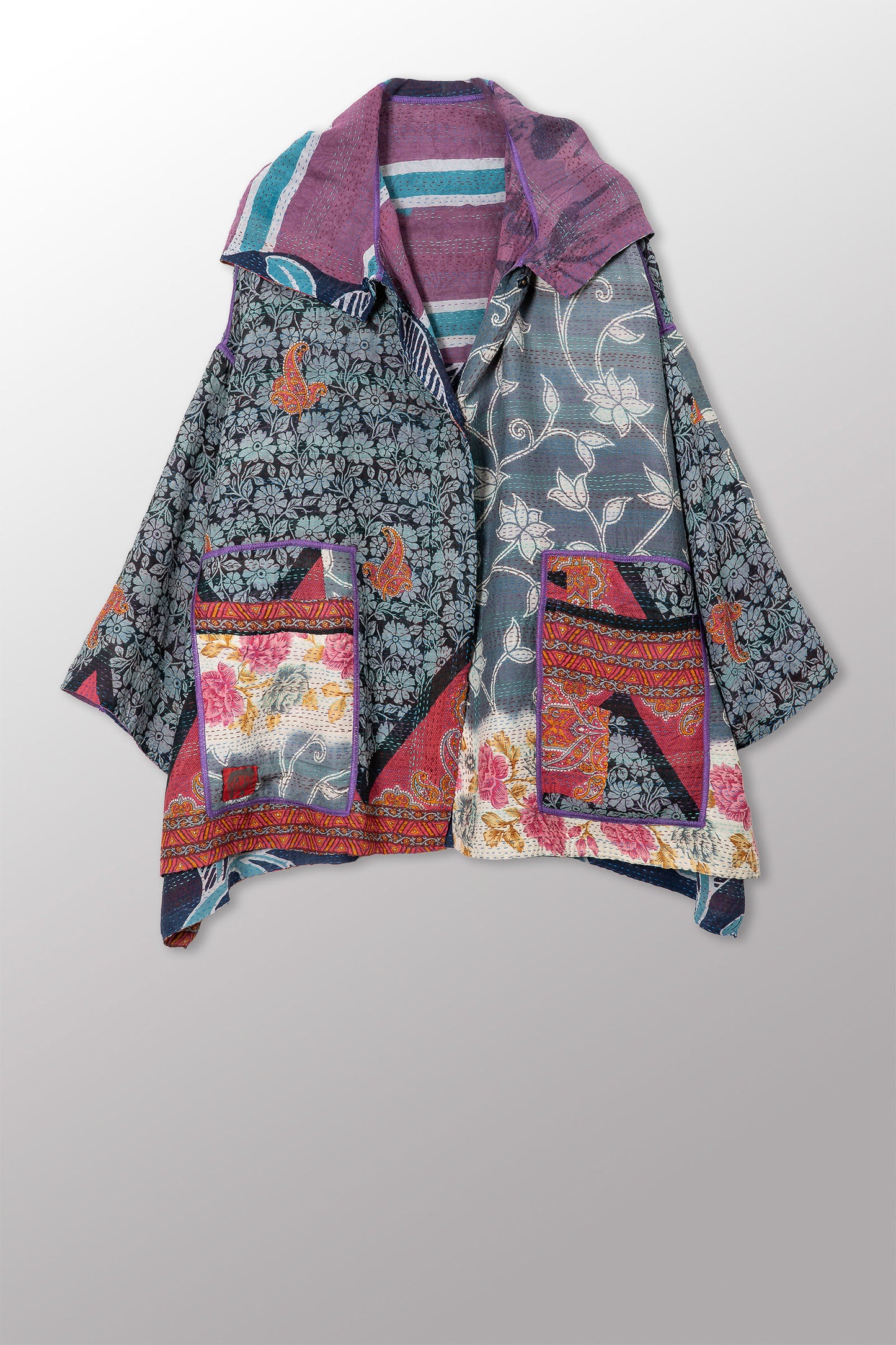 VINTAGE SILK GEORGETTE COTTON KANTHA HOODIE PONCHO - gc2064-0003a -