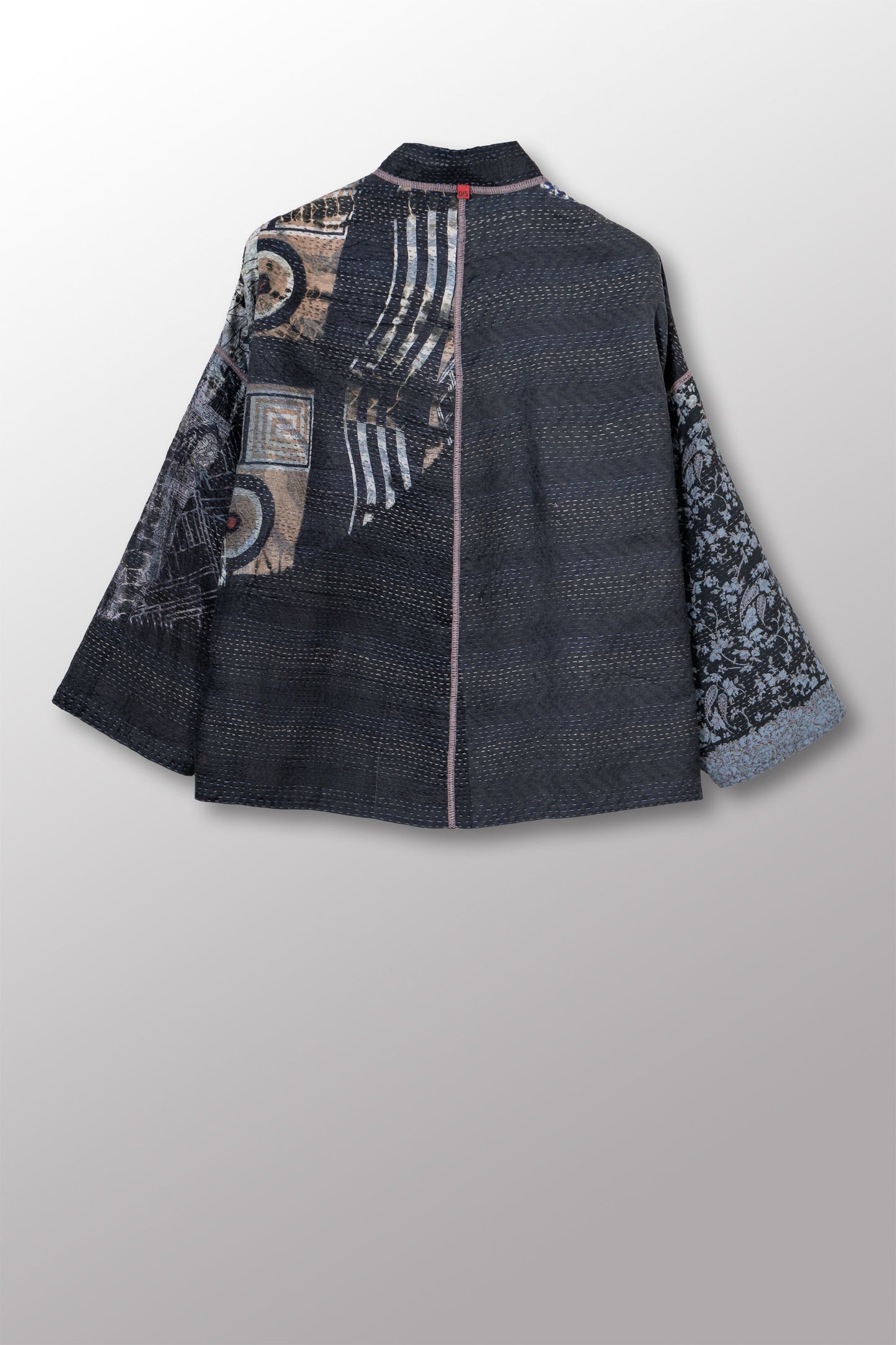 TIE DYE CIRCLE SHIBORI KANTHA STAND COLLAR CROPPED JACKET - td2034-blk -