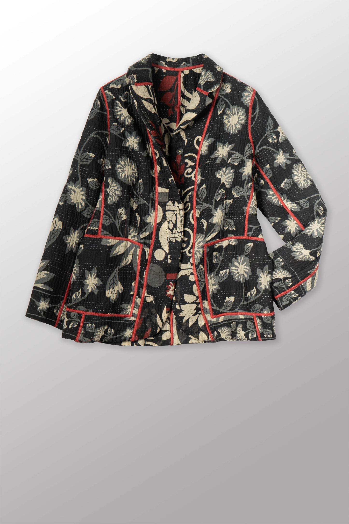 BLACK AND WHITE PRINT PATCH KANTHA BASIC JACKET - pn4052-red -