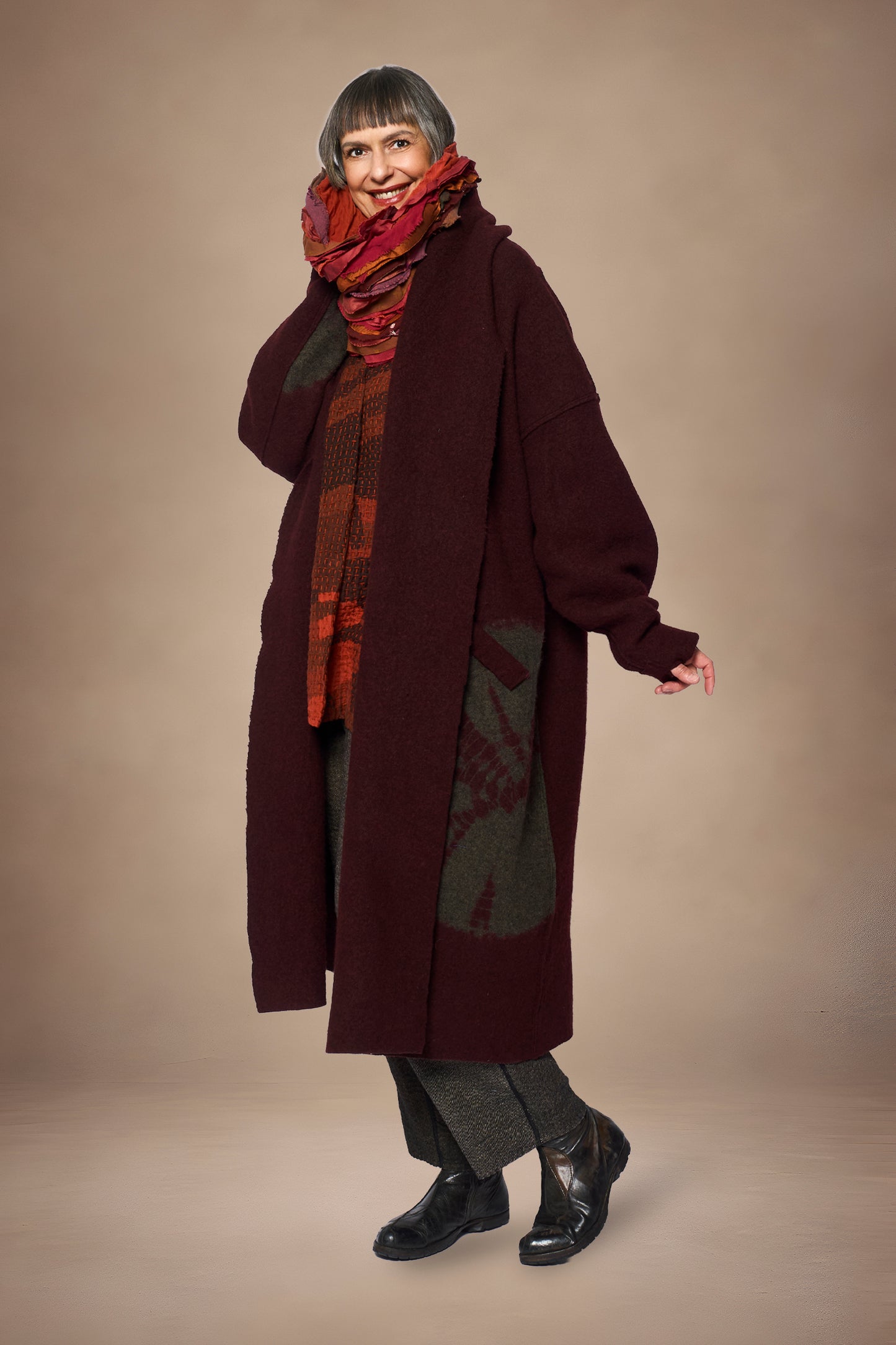 CIRCLE TIE DYE BOILED WOOL NEW SHAWL COAT LONG - tw1362-brn -