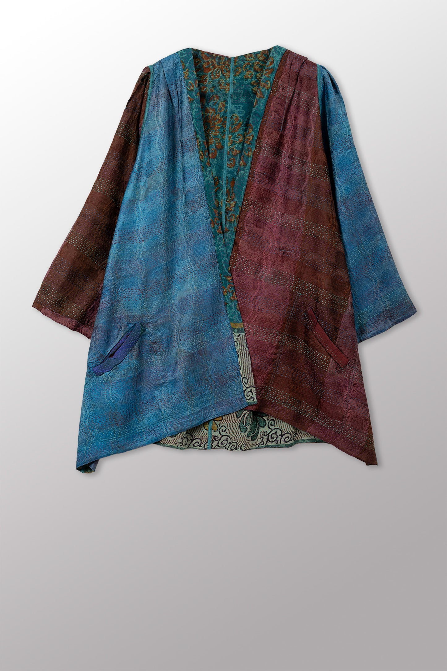 GEORGETTE JACQUARD VINTAGE SILK PATCH KANTHA BELL SHAPE LONG JACKET - gj2051-0001a -
