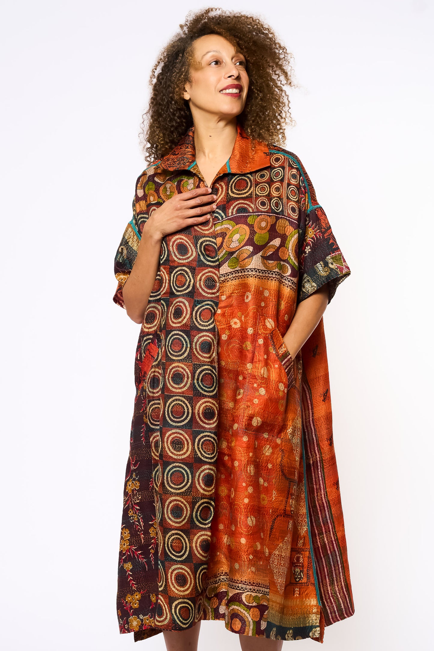 VINTAGE SILK KANTHA WING COLLAR DRESS - sv2454-0002a -