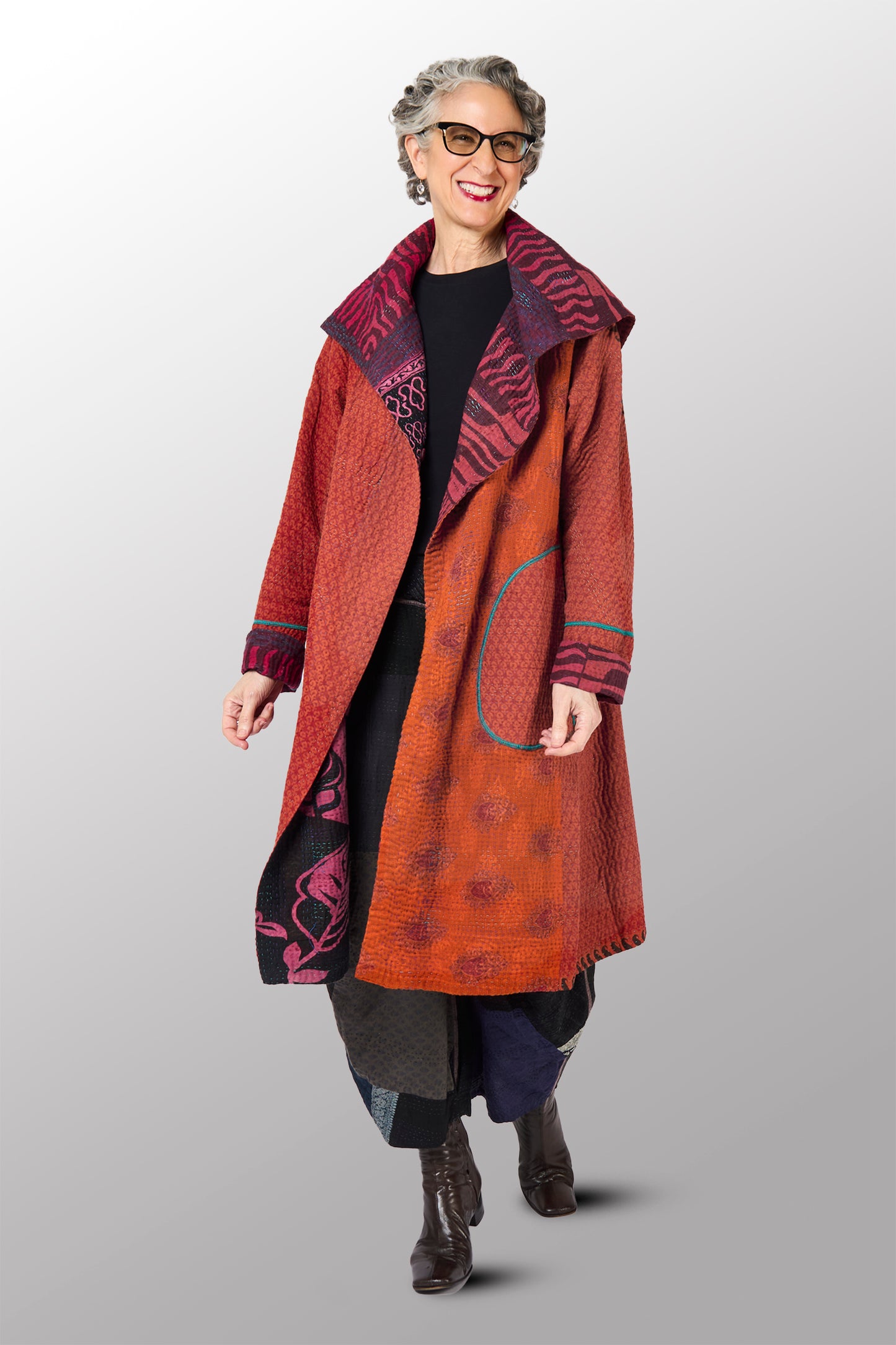 COTTON OVERDYE KANTHA A-LINE COAT - ov4309-cred002a -