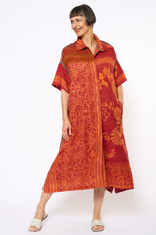 COTTON OVERDYE KANTHA WING COLLAR DRESS - ov2454-corg001a -
