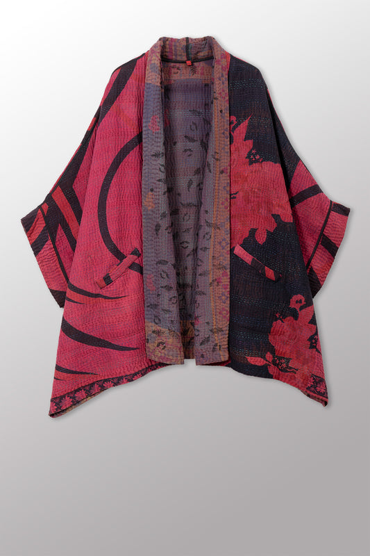 VINTAGE COTTON KANTHA DOUBLE COLLAR PONCHO - cv4323-0059a -