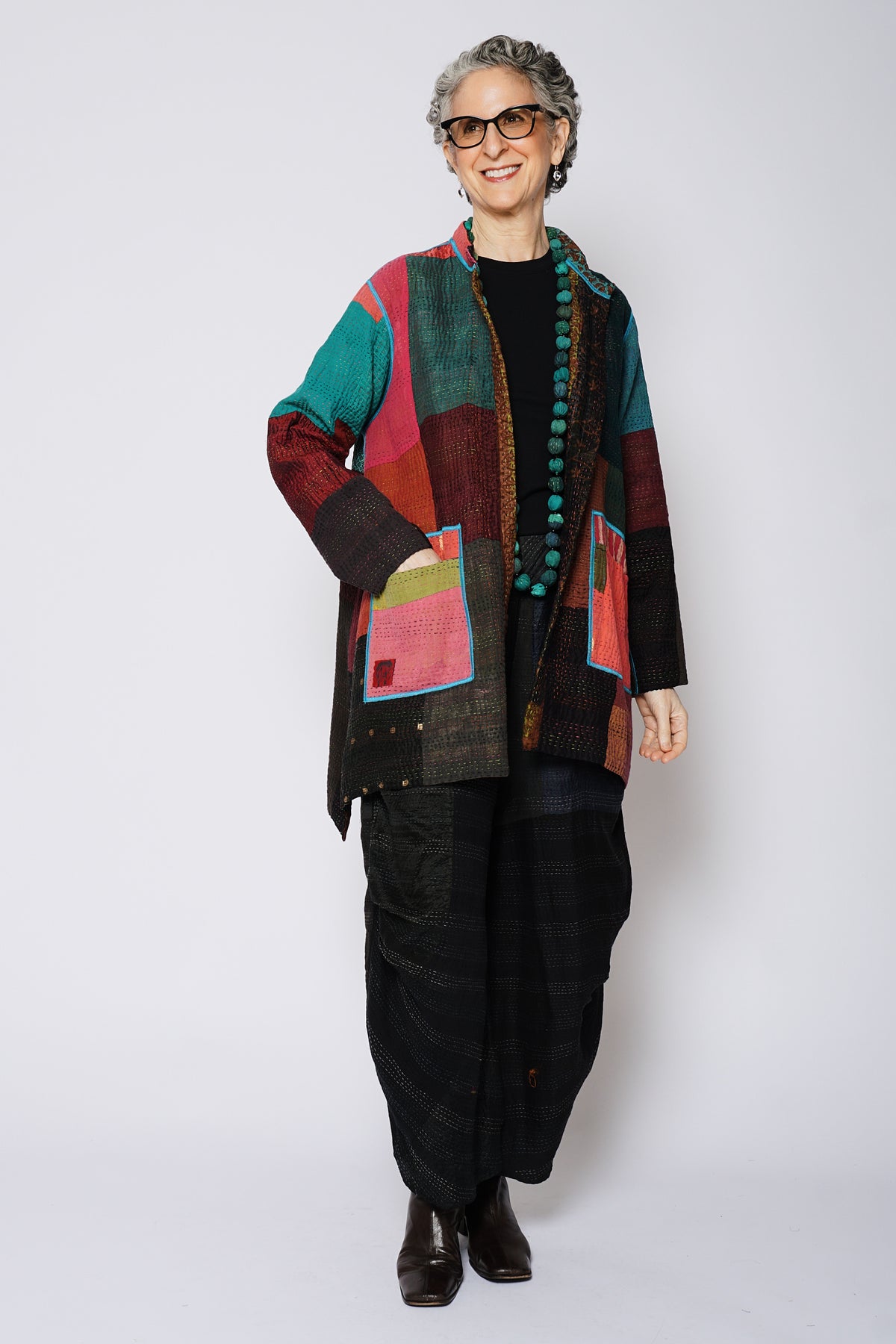 BAGH PRINT KANTHA KAFTAN JACKET MEDIUM - bg4089-brn -
