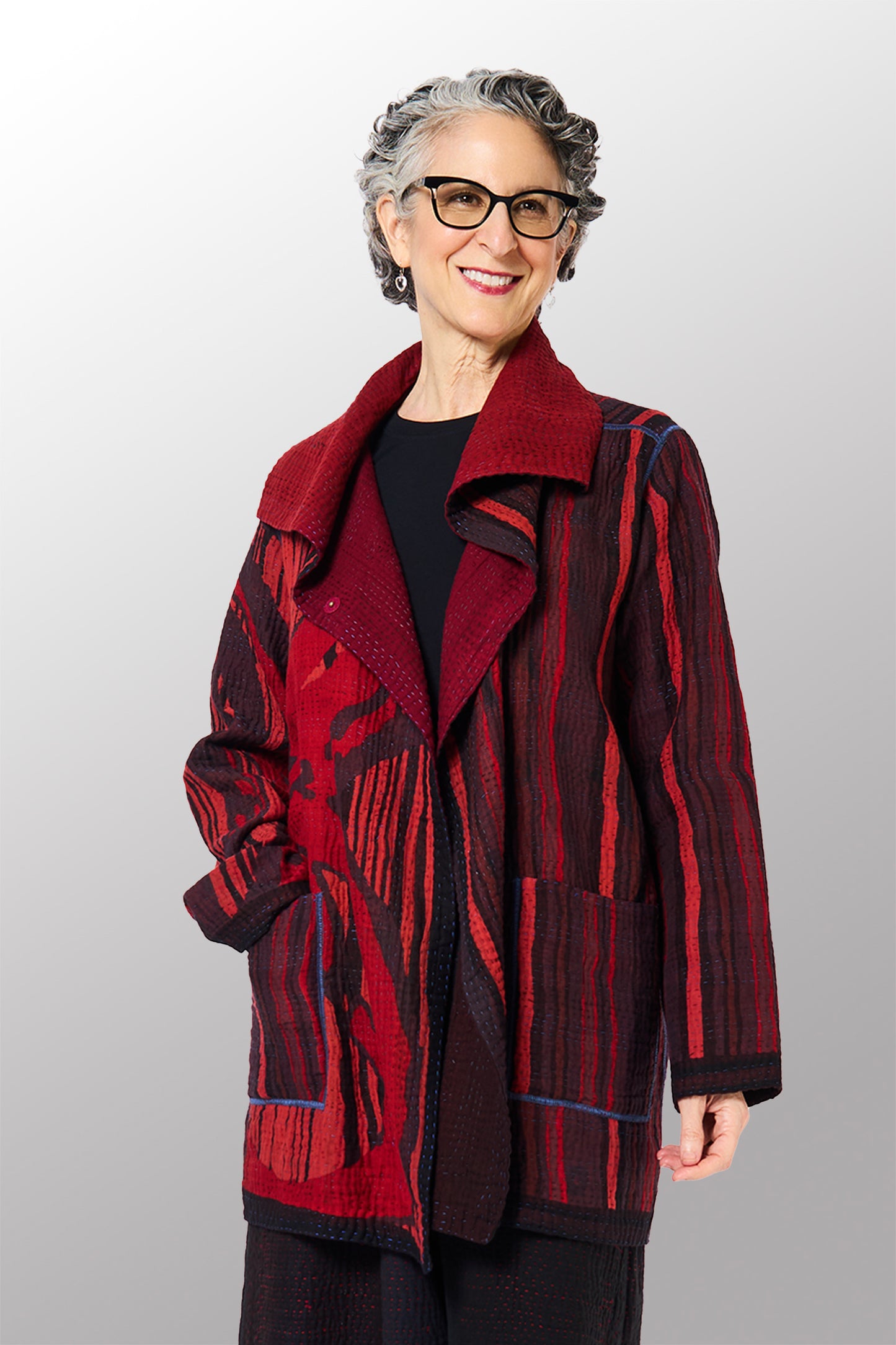 OVERDYED STRIPE AND BENDS KANTHA POCKET JACKET - ov-sb4002-red -