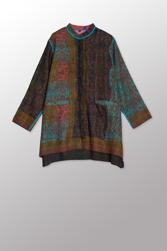 BAGH PRINT KANTHA KAFTAN JACKET MEDIUM - bg4089-brn -