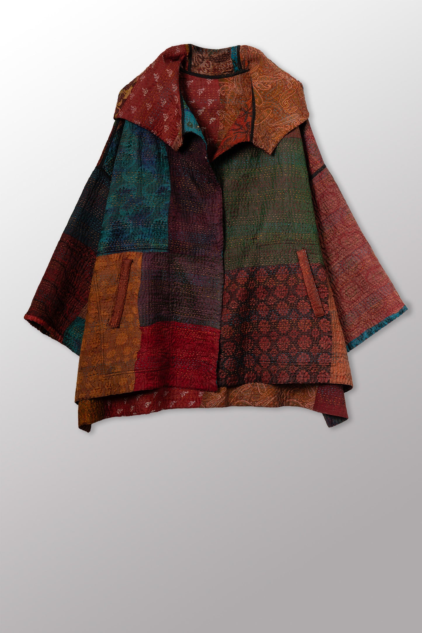 JACQUARD SILK KANTHA HOODIE PONCHO - js4064-cbrn001a -
