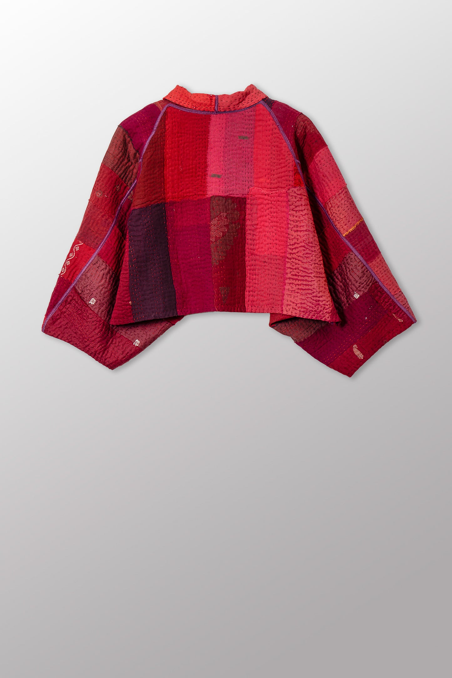 STRIPE AND CHECK COTTON SILK PATCH KANTHA PUFF SLV. SHRUG - ss4062-red -