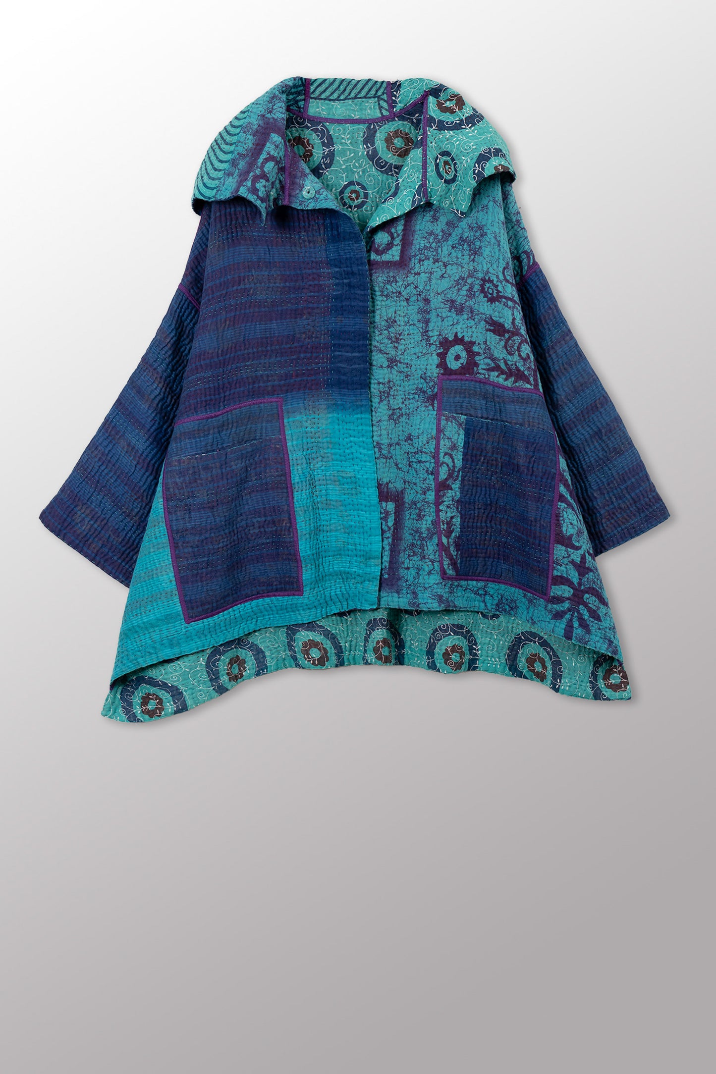 VINTAGE COTTON KANTHA HOODIE PONCHO - cv4064-0041a -
