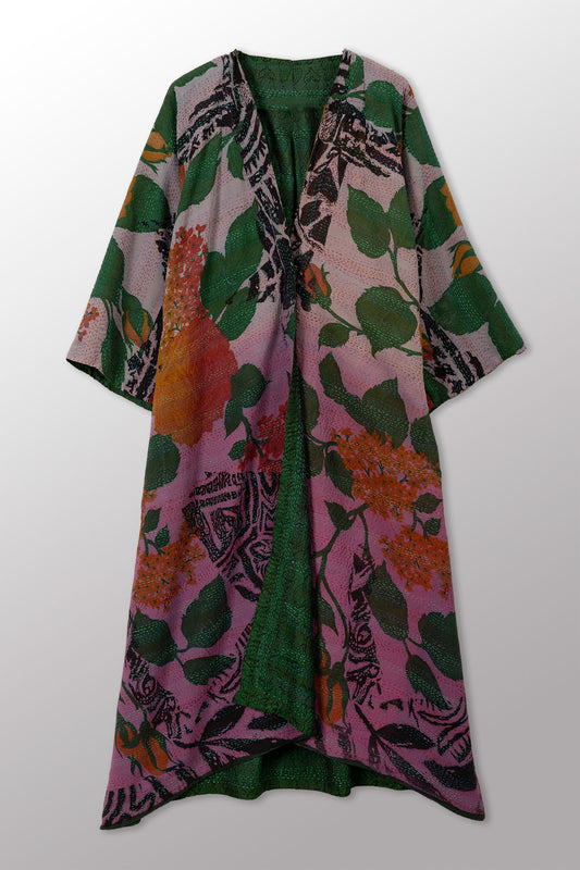GEORGETTE JACQUARD VINTAGE SILK PATCH KANTHA KIMONO MAXI - gj2318-0001a -