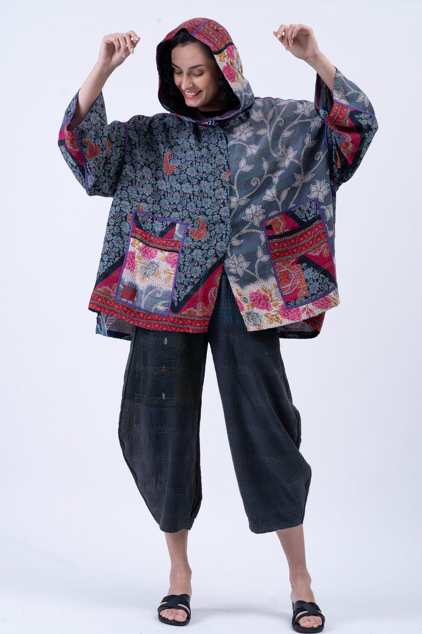 VINTAGE SILK GEORGETTE COTTON KANTHA HOODIE PONCHO - gc2064-0003a -