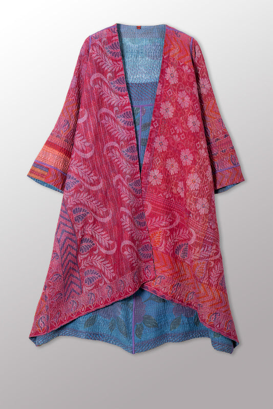 COTTON OVERDYE KANTHA WRAP FLARE COAT - ov4330-cfus001a -