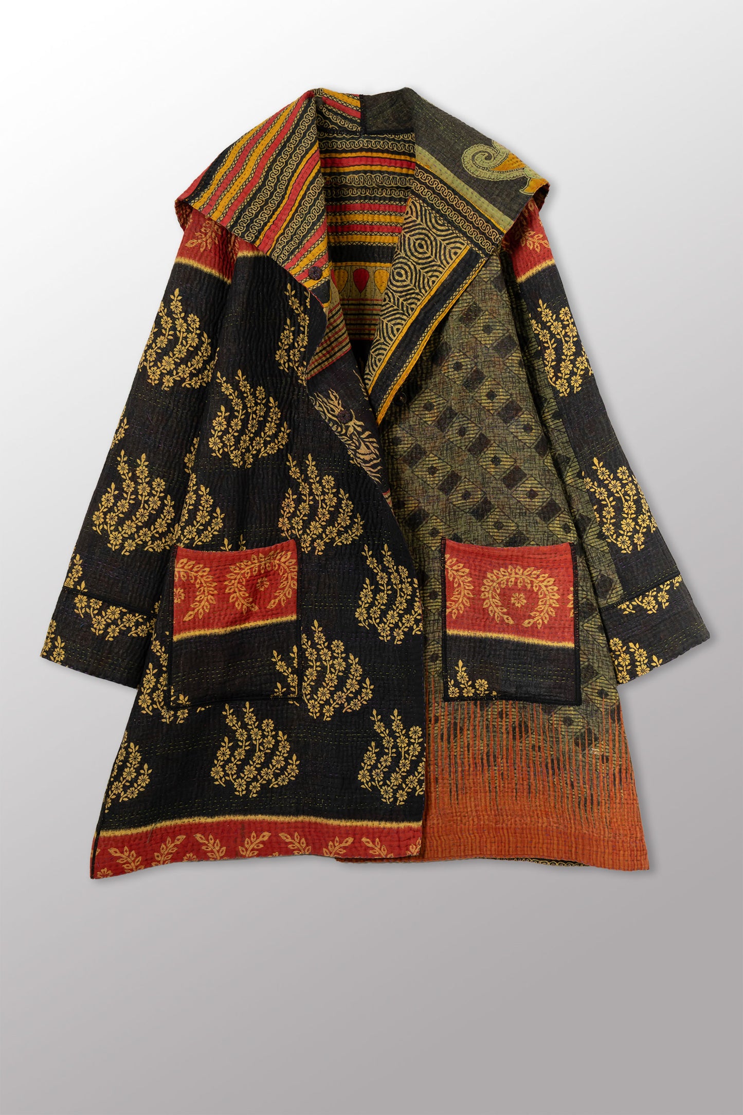 VINTAGE COTTON KANTHA POCKET MEDIUM COAT - cv4316-0052m -