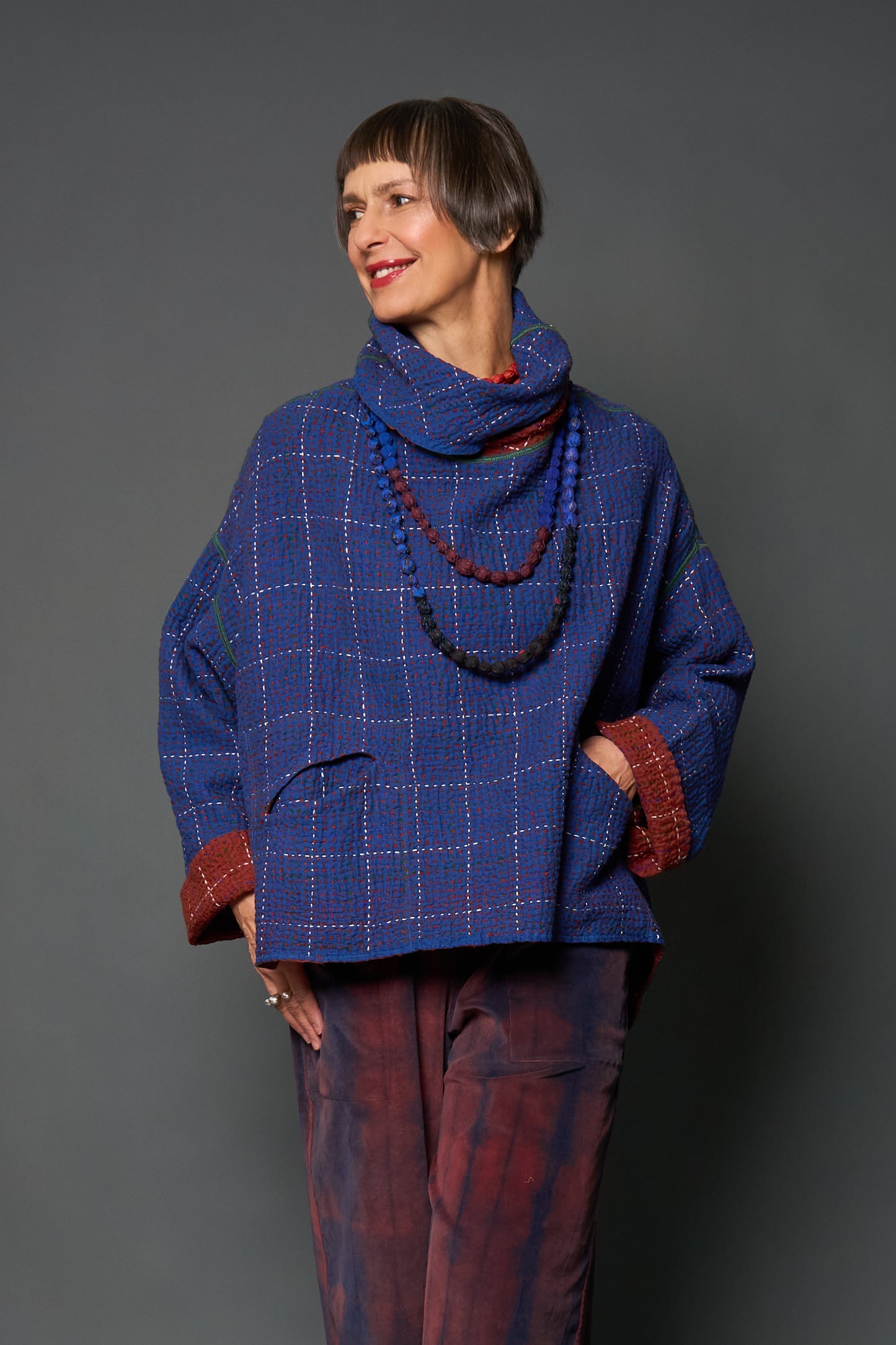 WOOL WAFFLE KANTHA NEW COWL NECK PONCHO - ww3083-blu -