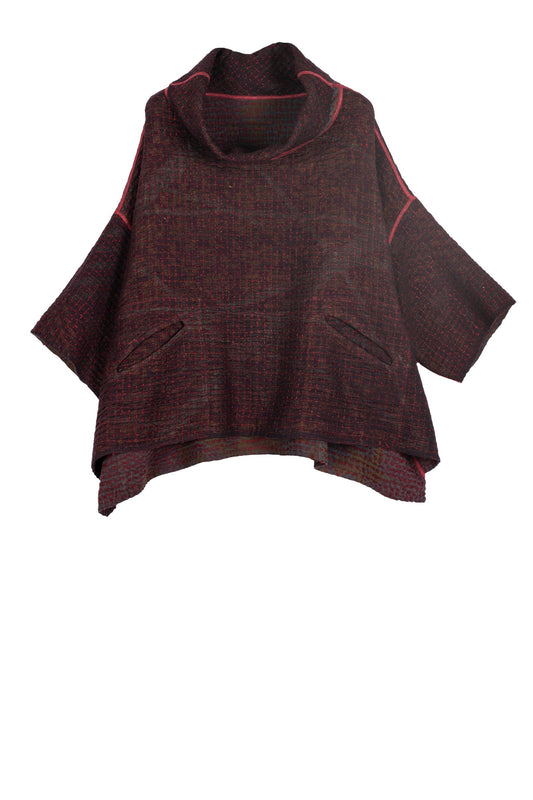 WOOL WAFFLE KANTHA COWL NECK PONCHO - ww3061-red -