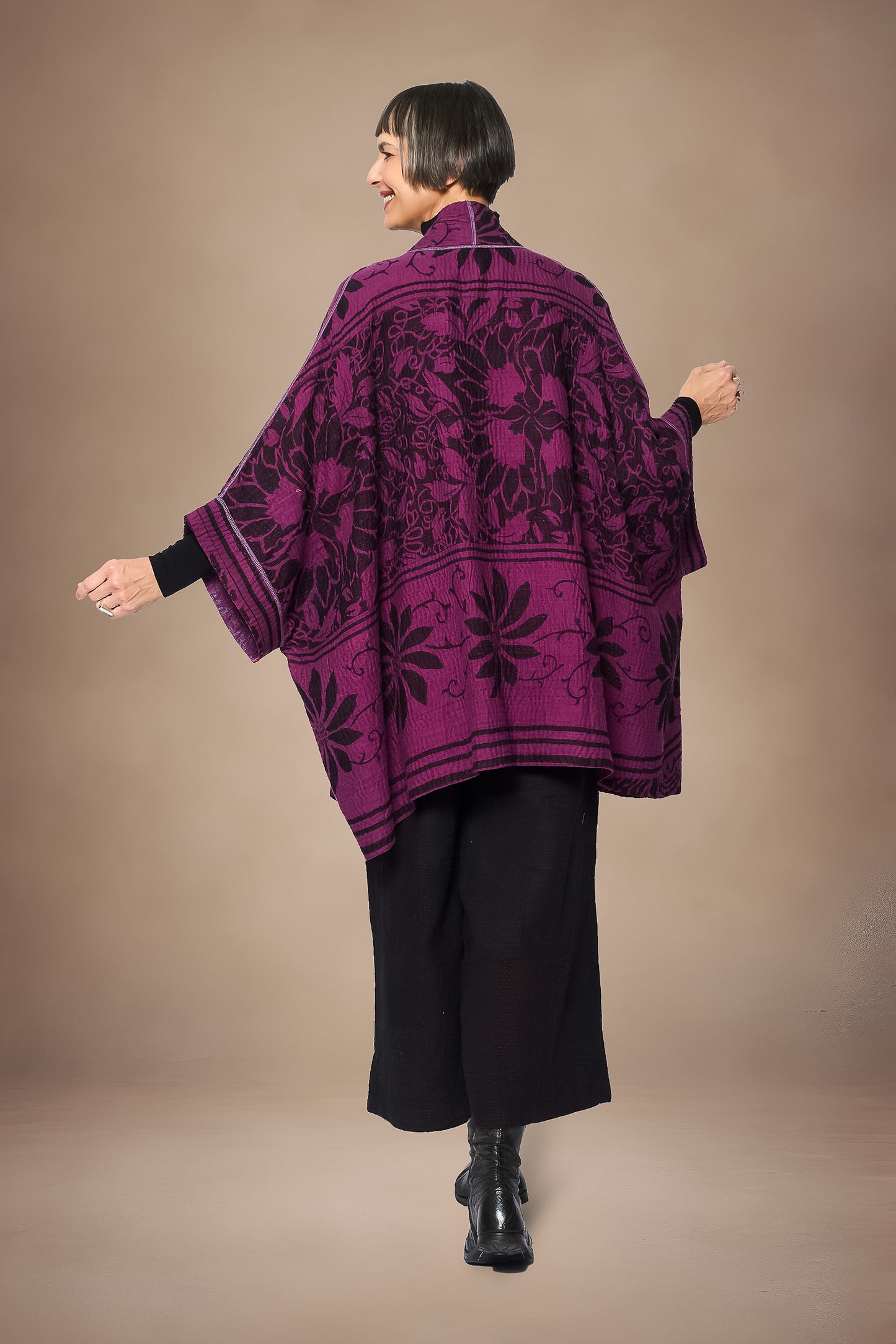AMETHYST COTTON SILK KANTHA DOUBLE COLLAR PONCHO - oc4323-prp -