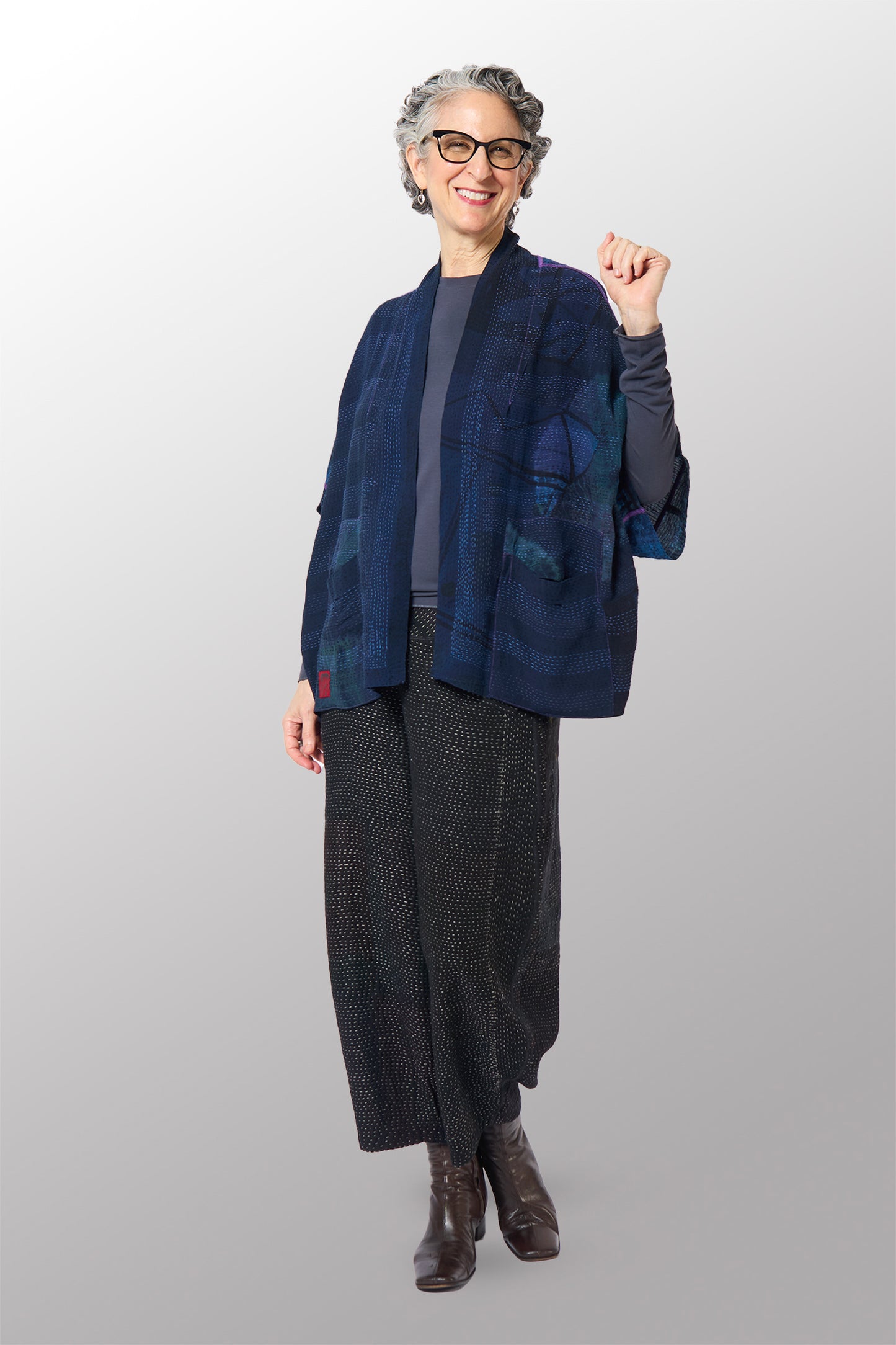 SHIBORI TIE DYE GEORGETTE VINTAGE SILK PATCH KANTHA MINI PONCHO - st-gs2060-nvy -
