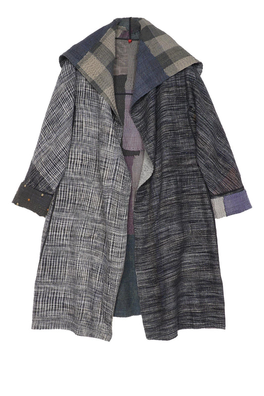WOVEN IKAT & FRAYED PATCH KANTHA A-LINE COAT - wk4309-gry -