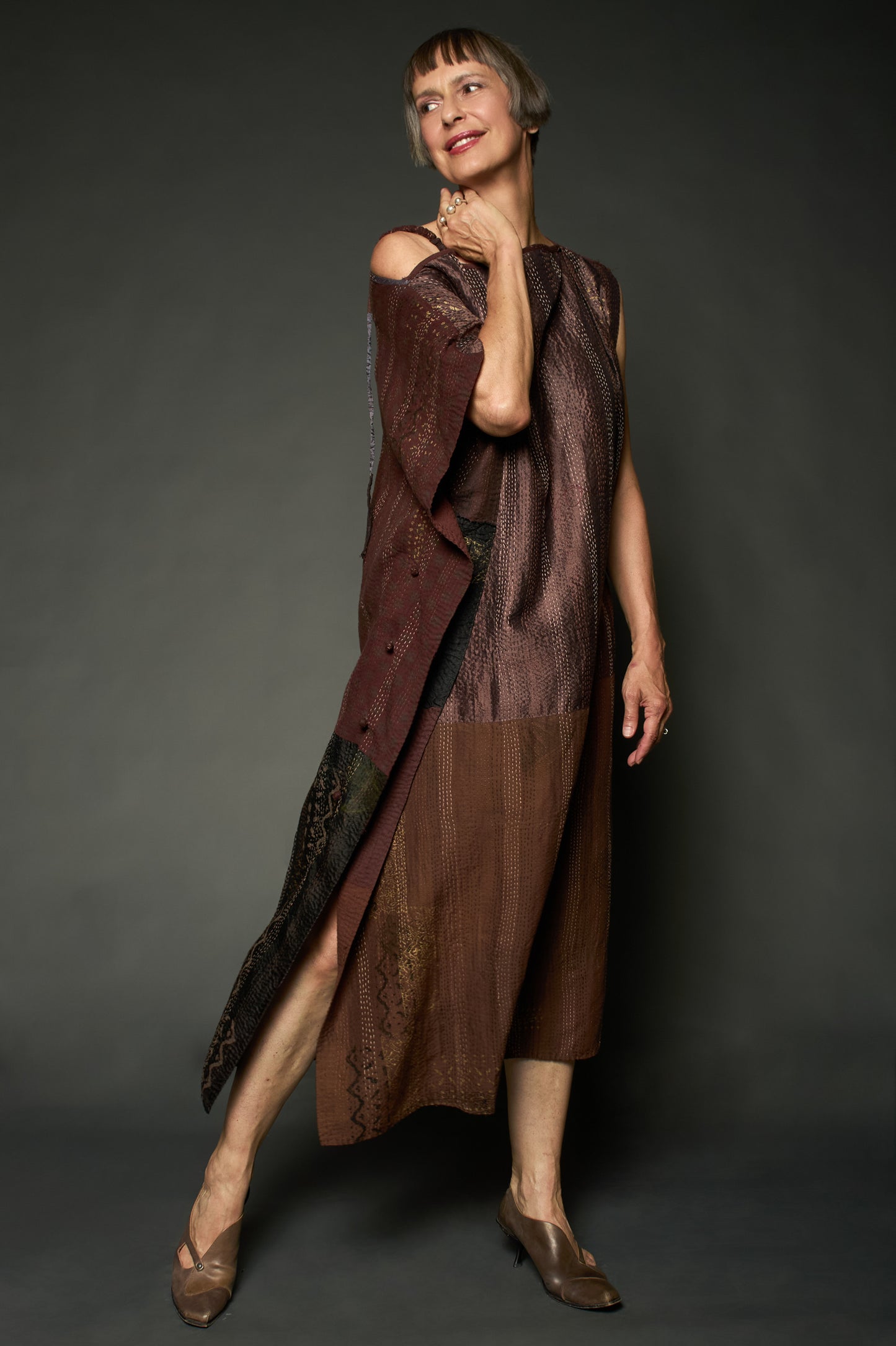 HALF SILK PATCH KANTHA ASYMMETRIC TUBE DRESS - hs2472-brn -
