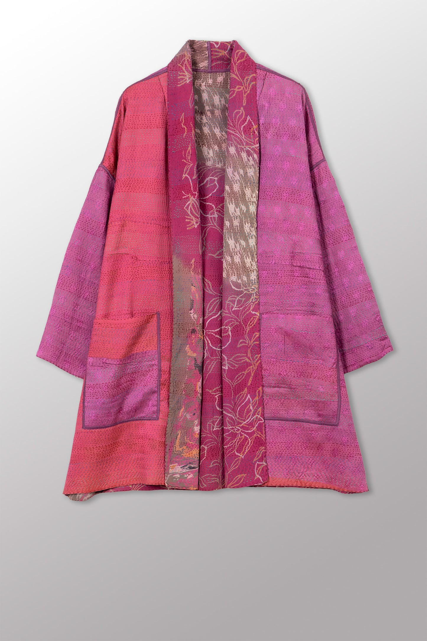 GEORGETTE JACQUARD VINTAGE SILK PATCH KANTHA HAORI JACKET - gj2068-0003a -