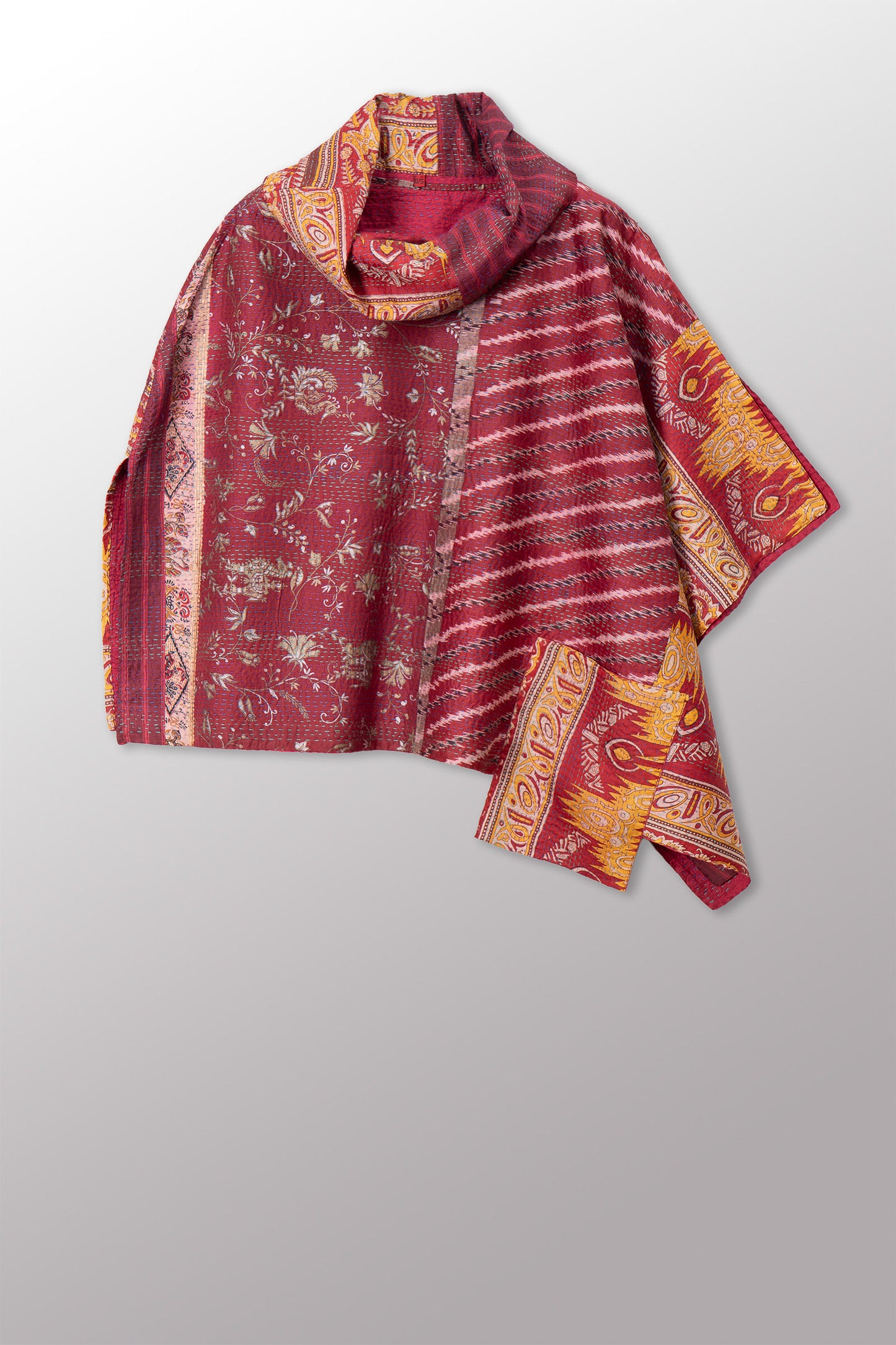 VINTAGE SILK KANTHA COWL NECK LONG CAPE - sv2842-0016a -