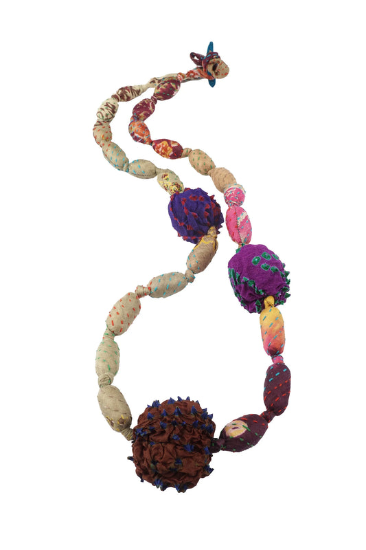 VINTAGE SILK KANTHA SEA URCHIN MEDIUM NECKLACE - sv2709-brn -
