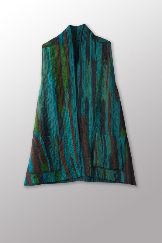 IKAT STRIPE KANTHA KIMONO VEST SHORT - is4248-tuq -