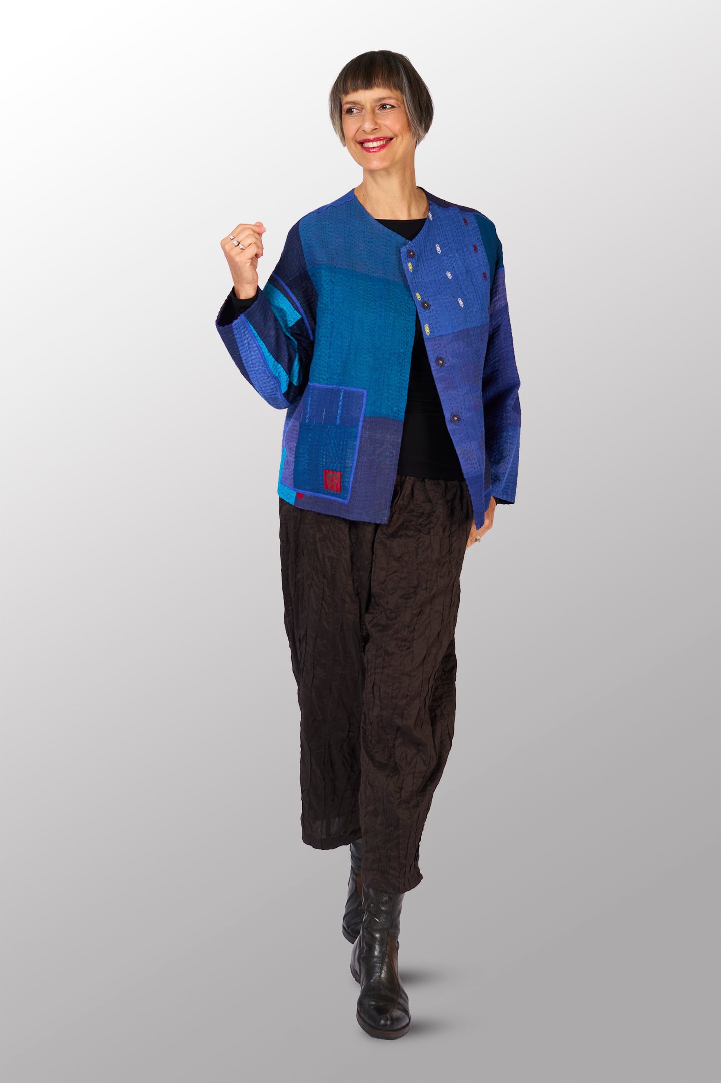 STRIPE AND CHECK COTTON SILK PATCH KANTHA CREW NECK SHORT JACKET - ss4053-blu -
