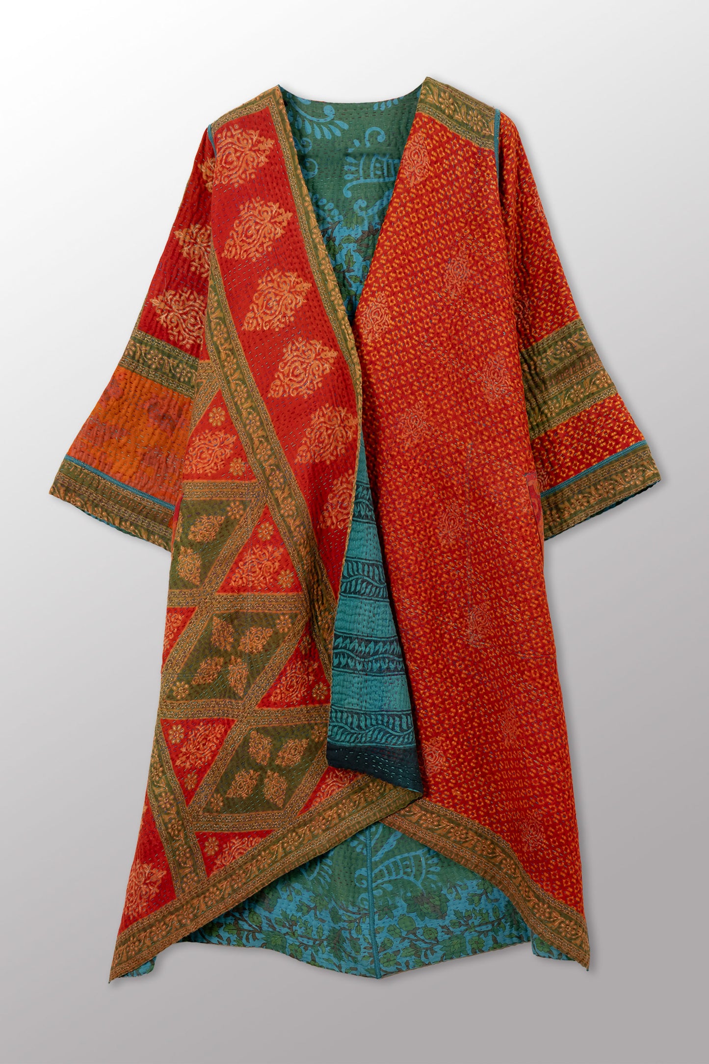 COTTON OVERDYE KANTHA WRAP FLARE COAT - ov4330-ctel005a -