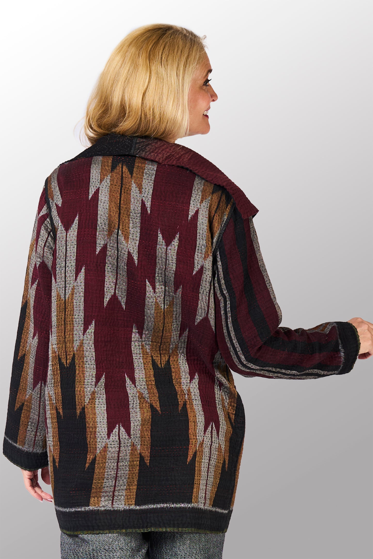 WOVEN HANDLOOM IKAT WITH OMBRE KANTHA POCKET JACKET - wh4002-red -