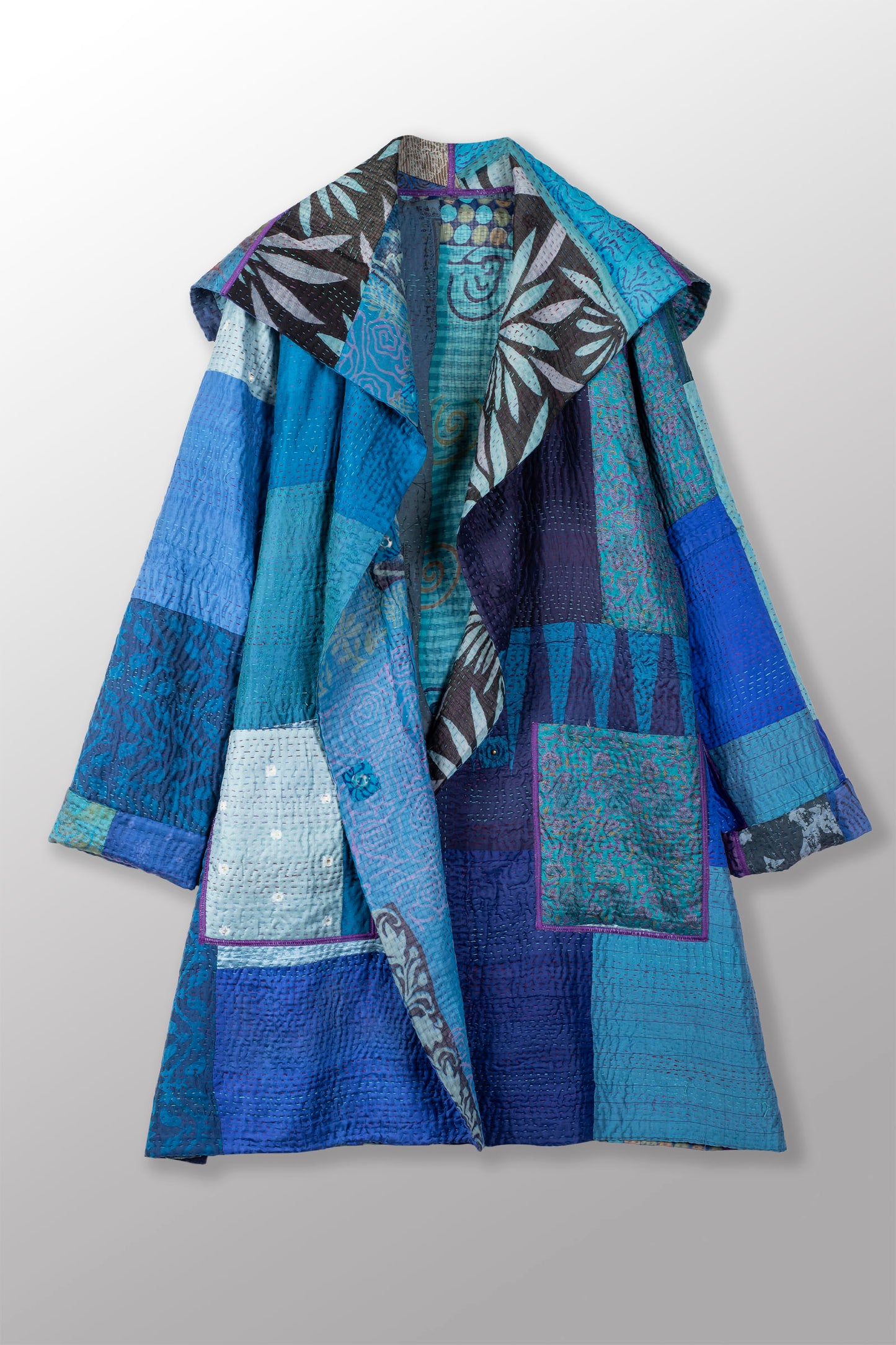 JACQUARD SILK KANTHA POCKET MEDIUM COAT - js4316-blu -