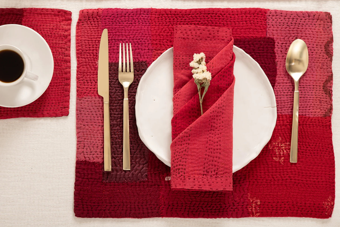 Landscape Fray Patch  Kantha Placemat - Red (Set of 2)