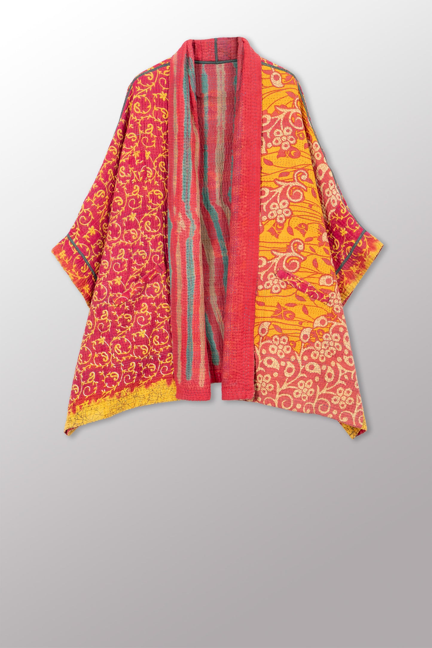 VINTAGE COTTON KANTHA DOUBLE COLLAR PONCHO - cv4323-0064a -