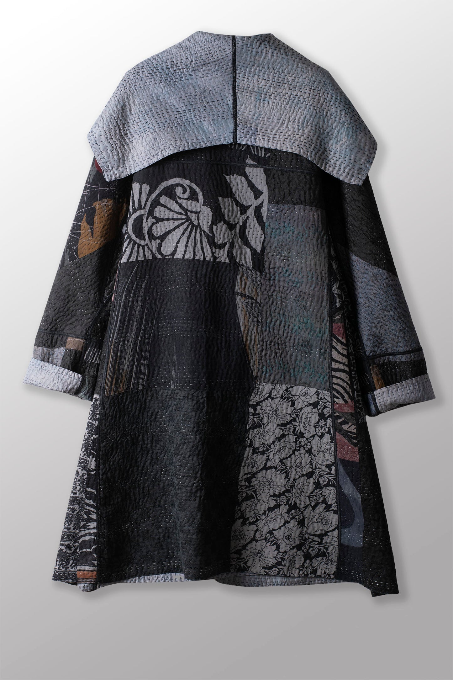GEORGETTE JACQUARD VINTAGE SILK PATCH KANTHA A-LINE COAT - gj4309-blk -