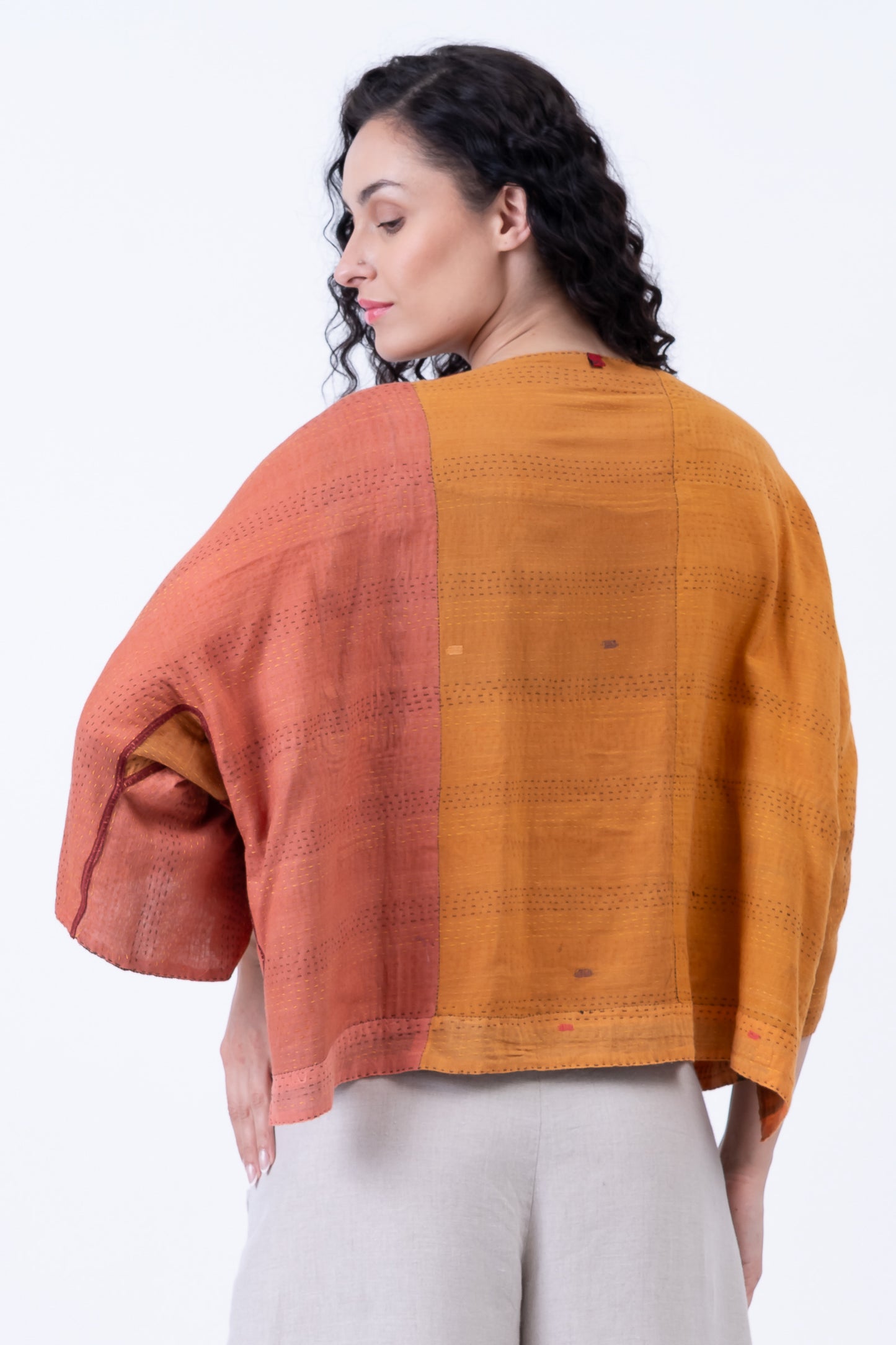 BROCADE PATCHED KANTHA 3/4 SLV. CROP TOP MIO - bp2538-org -
