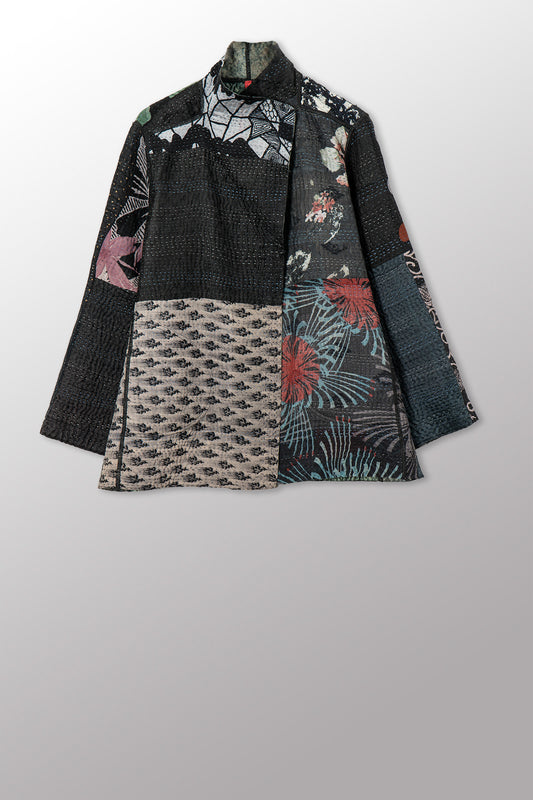 GEORGETTE JACQUARD VINTAGE SILK PATCH KANTHA SHORT JACKET - gj4007-blk -