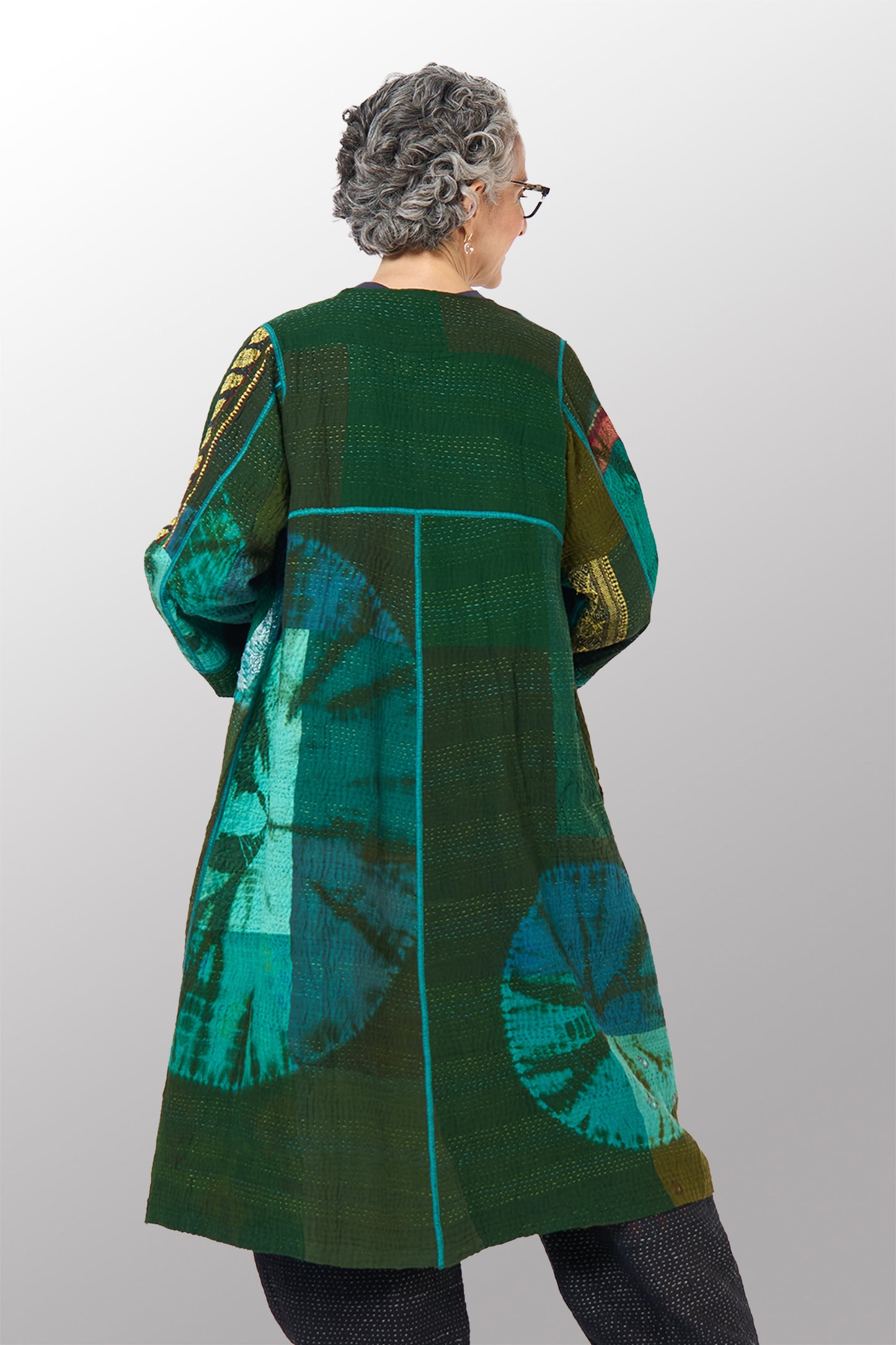 COTTON SILK SW PATCH KANTHA WRAP FLARE COAT - st-ws4330-grn -