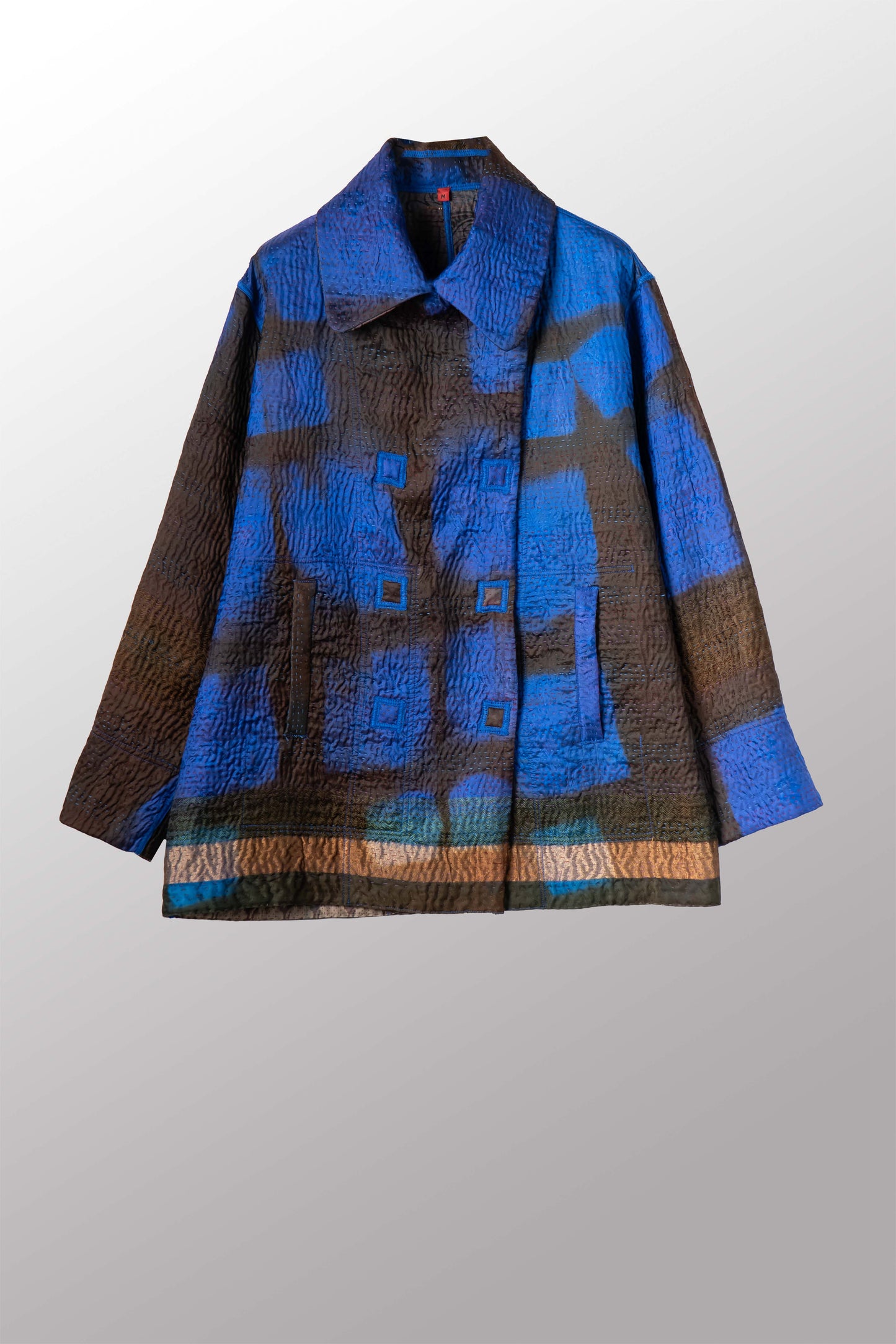 VINTAGE JACQUARD CLAMP DYE WITH PRINTED SILK KANTHA PEA COAT - jk4349-0001m -