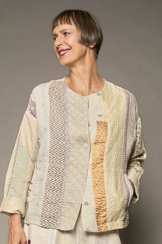 JEWEL WOVEN WITH VERTICAL PATCH KANTHA CREW NECK SHORT JACKET - jv4053-ivy -
