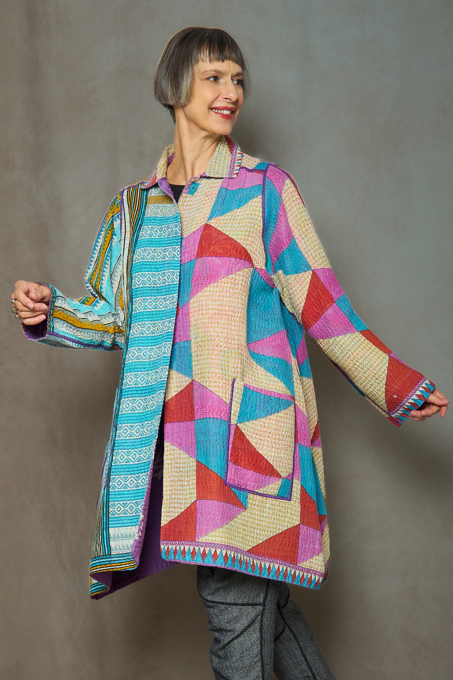 VINTAGE COTTON KANTHA A-LINE DUSTER - cv4311-0077a -