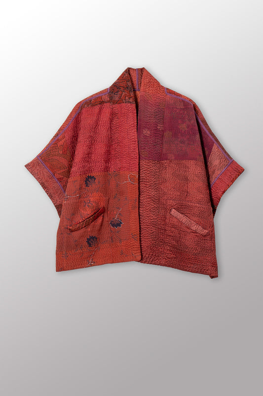 GEORGETTE JACQUARD VINTAGE SILK PATCH KANTHA MINI PONCHO - gj4060-org -