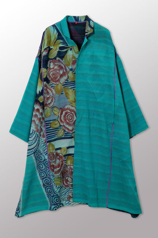 VINTAGE SILK GEORGETTE COTTON KANTHA NEW OVERSIZED COAT - gc2342-0007a -
